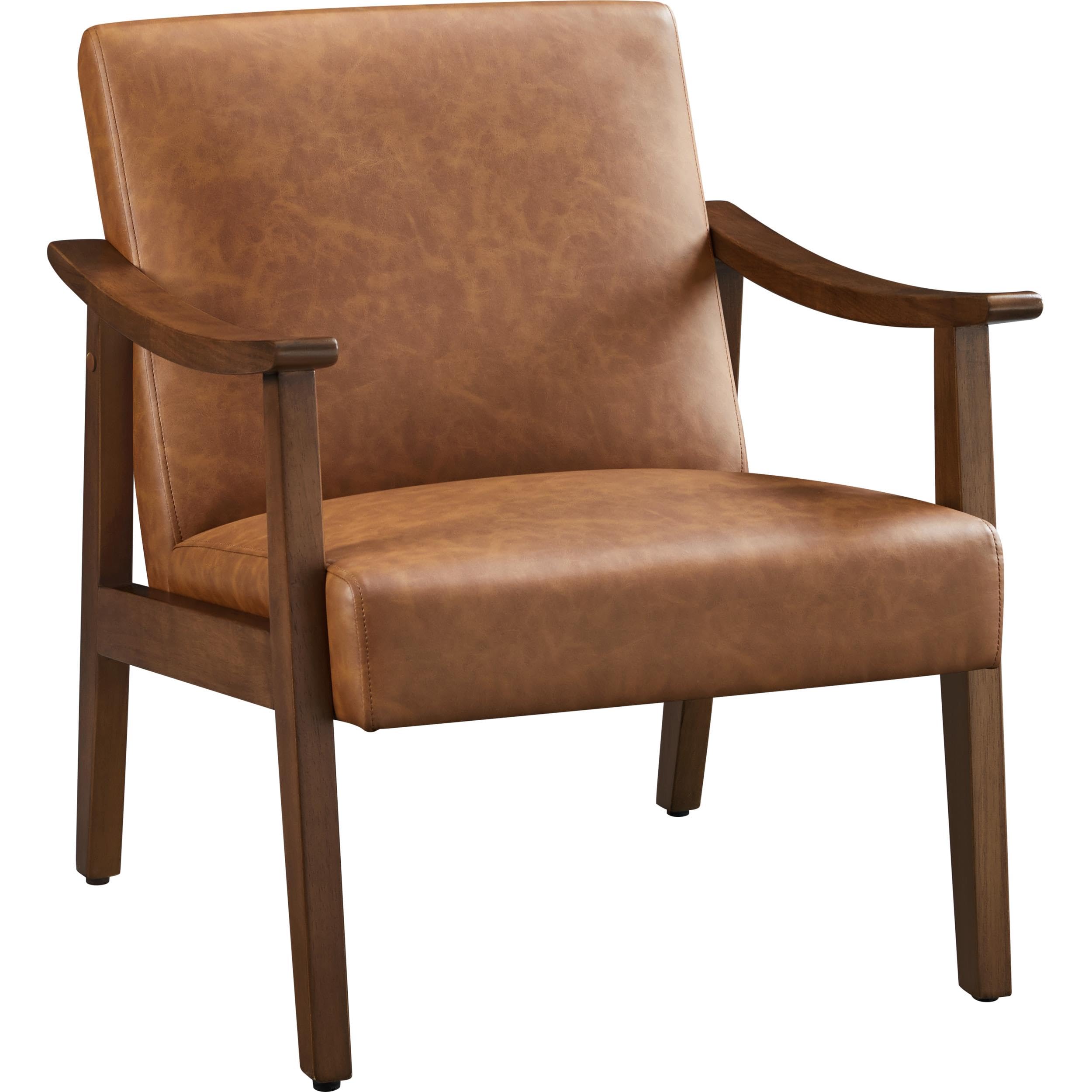 PU Leather Accent Chair, Mid-Century Modern Armchair with Solid Wood Legs, Reading Leisure Chair with High Back for Living Room Bedroom Waiting Room, Brown
