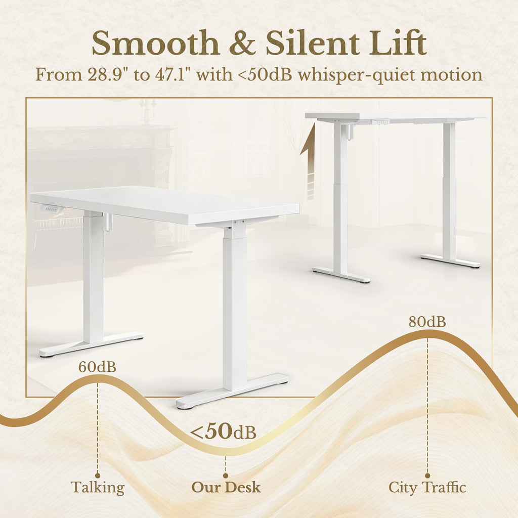 Electric Standing Desk, 48 Inch Adjustable Height Sit Stand Up Desk with 1.18" Thickness Whole-Piece Desktop, Computer Office Desk for Home Office, White