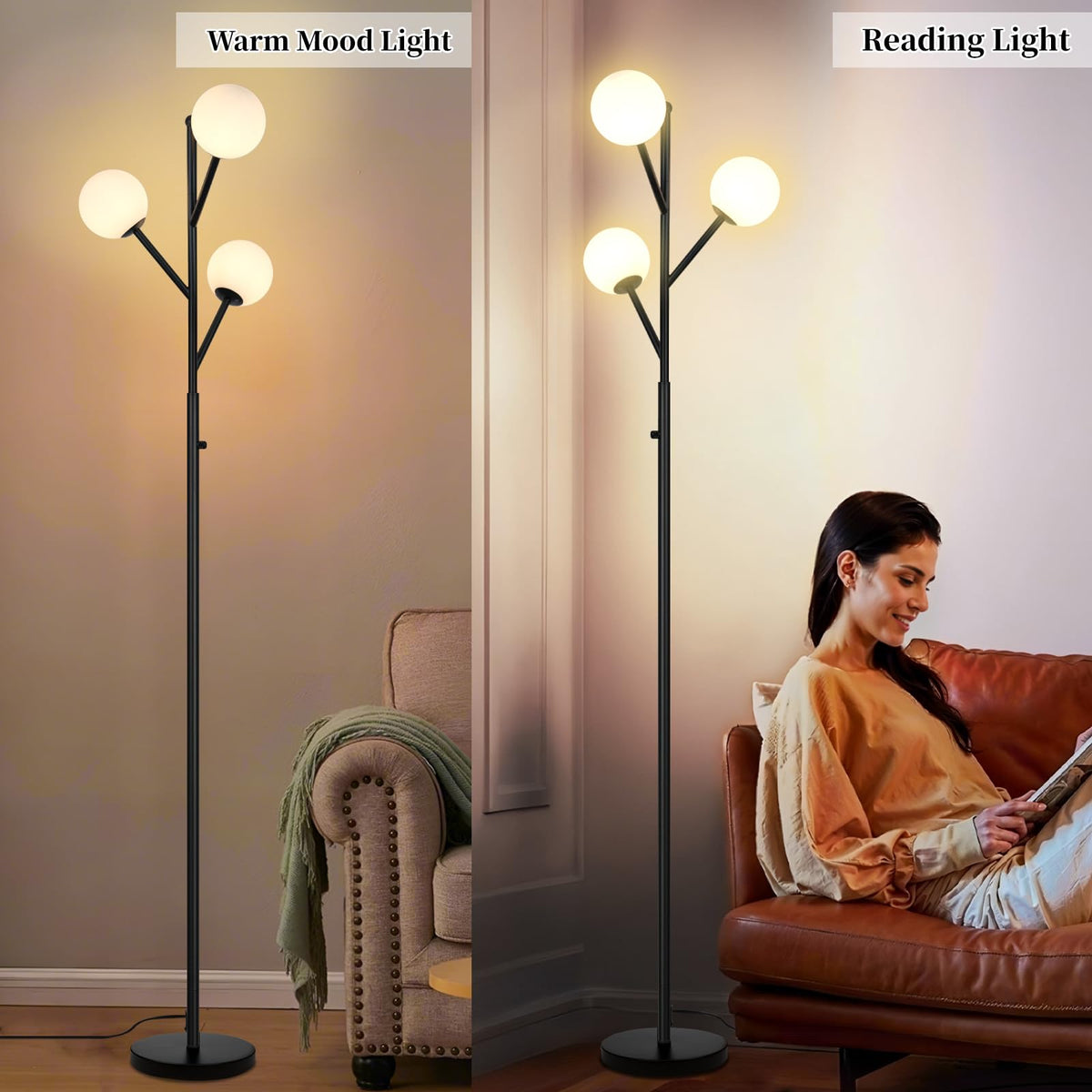 3-Globe Mid Century Black Tree Floor Lamp for Living Room,70in Tall Modern Stepless Dimmable Standing Lamp with Frosted Glass Shade for Office Bedroom, Study Room Bulbs Included(dimmer-Black)