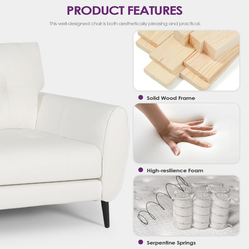 Sofa Couch 61" Small Loveseat Couches for Living Room Leather Couch Mid Century Modern Tufted Mini Sofa Comfy Office 2 Seat Settee Love Seat for Small Spaces Bedroom (3, White)