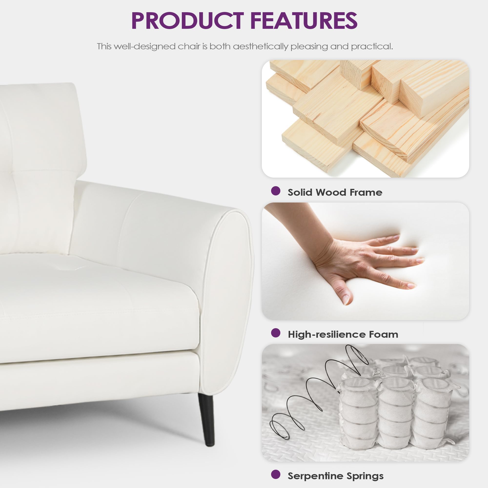 Sofa Couch 61" Small Loveseat Couches for Living Room Leather Couch Mid Century Modern Tufted Mini Sofa Comfy Office 2 Seat Settee Love Seat for Small Spaces Bedroom (3, White)