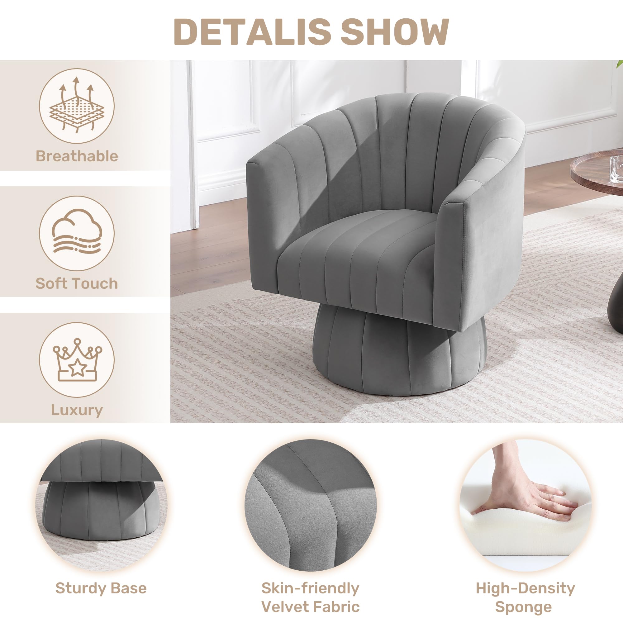 Swivel Accent Barrel Chair Set of 2, Cute Comfy Small Round 360° Arm Chair, Velvet Sofa Club Reading Chair for Office Living Room Bedroom Grey