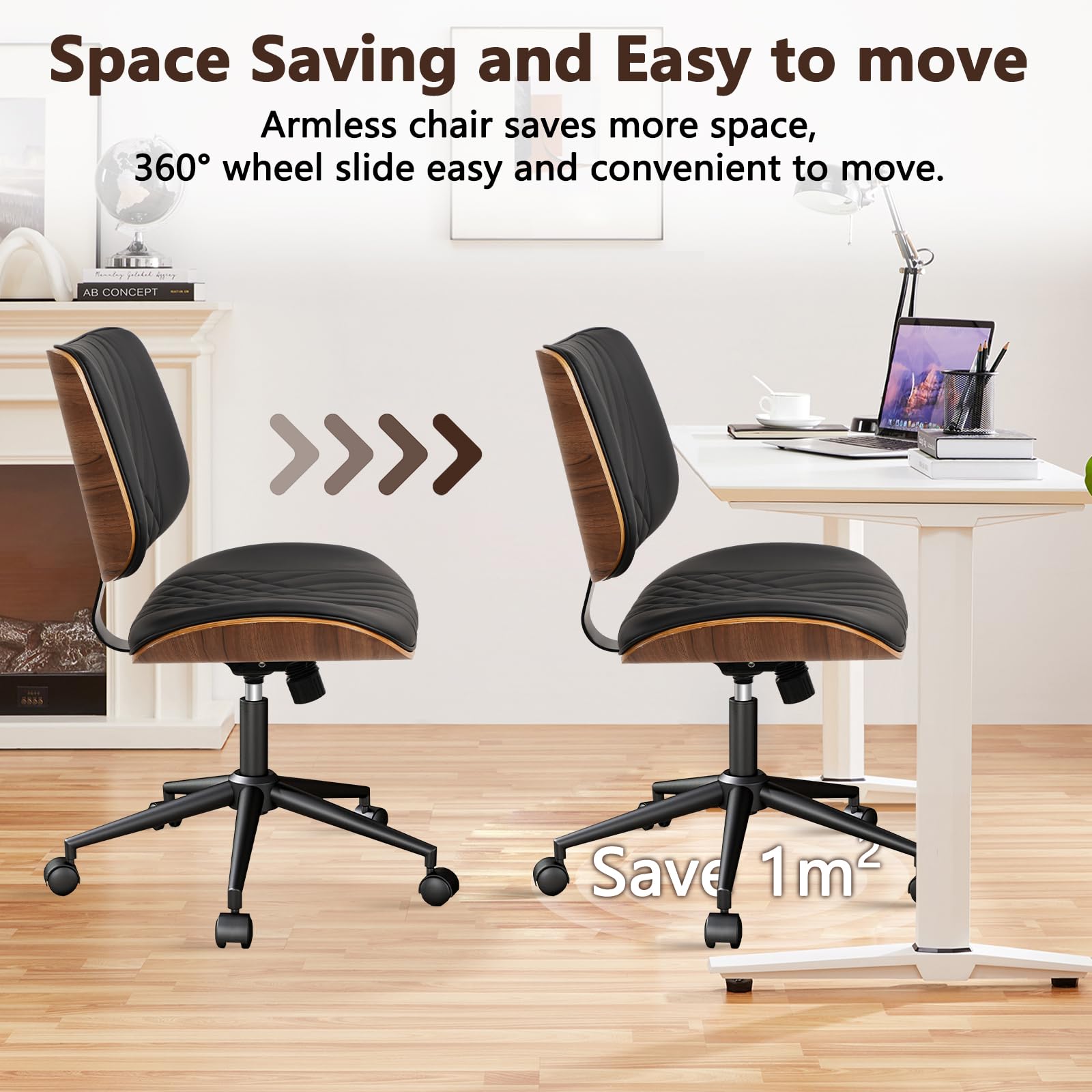 Armless Home Office Chair, Desk Chair with Wheels, Adjustable Height Reading Chair, Leather Mid Back & Swivel Computer Chair, Modern Walnut Chairs with Back for Study Meeting Room(Black) 2Pack