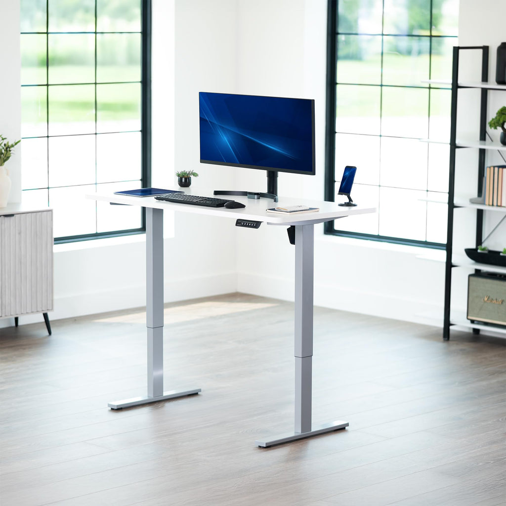 Electric 55 x 28 in Standing Desk, Memory Height Adjustment, 1B Series, Holds 220 lbs, One-Piece White Top, Gray Frame
