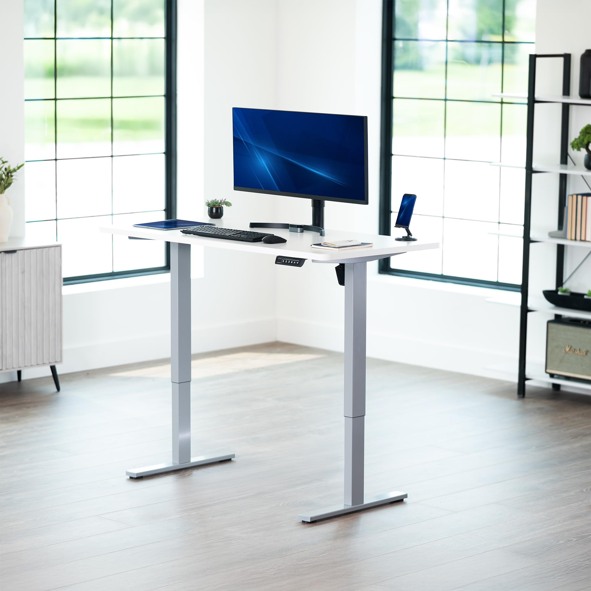 Electric 55 x 28 in Standing Desk, Memory Height Adjustment, 1B Series, Holds 220 lbs, One-Piece White Top, Gray Frame