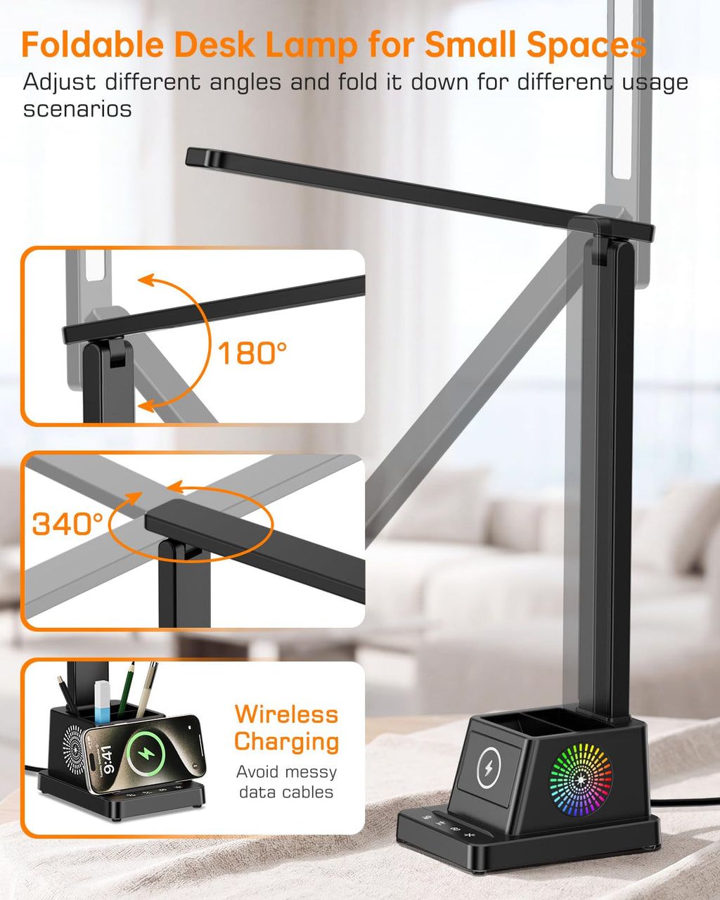 LED Desk Lamp for Home Office,15W Wireless Charger Pen Holder, Black
