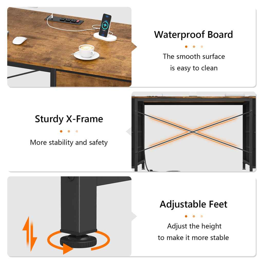 60 Inch Computer Desk with 8 Drawers, Home Office Desk with Power Outlets, Work Study Gaming Desk with 8 Fabric Drawers, Rustic Brown