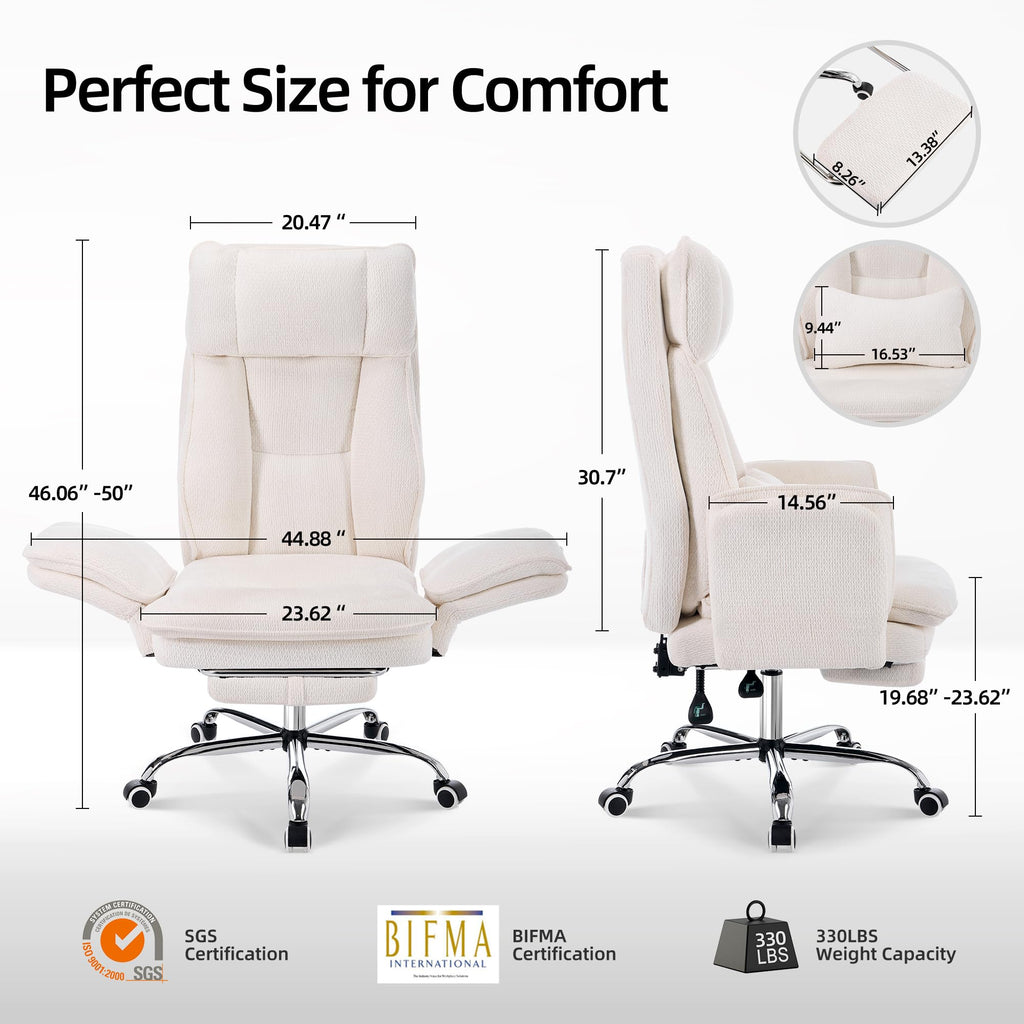 Criss Cross Office Desk Chair with Foot Rest and Flip Armrests for Pets Friendly & Extra Space, Ergonomic Reclining Gaming Computer Chair with Lumbar Pillow(Chenille Fabric Off-White)