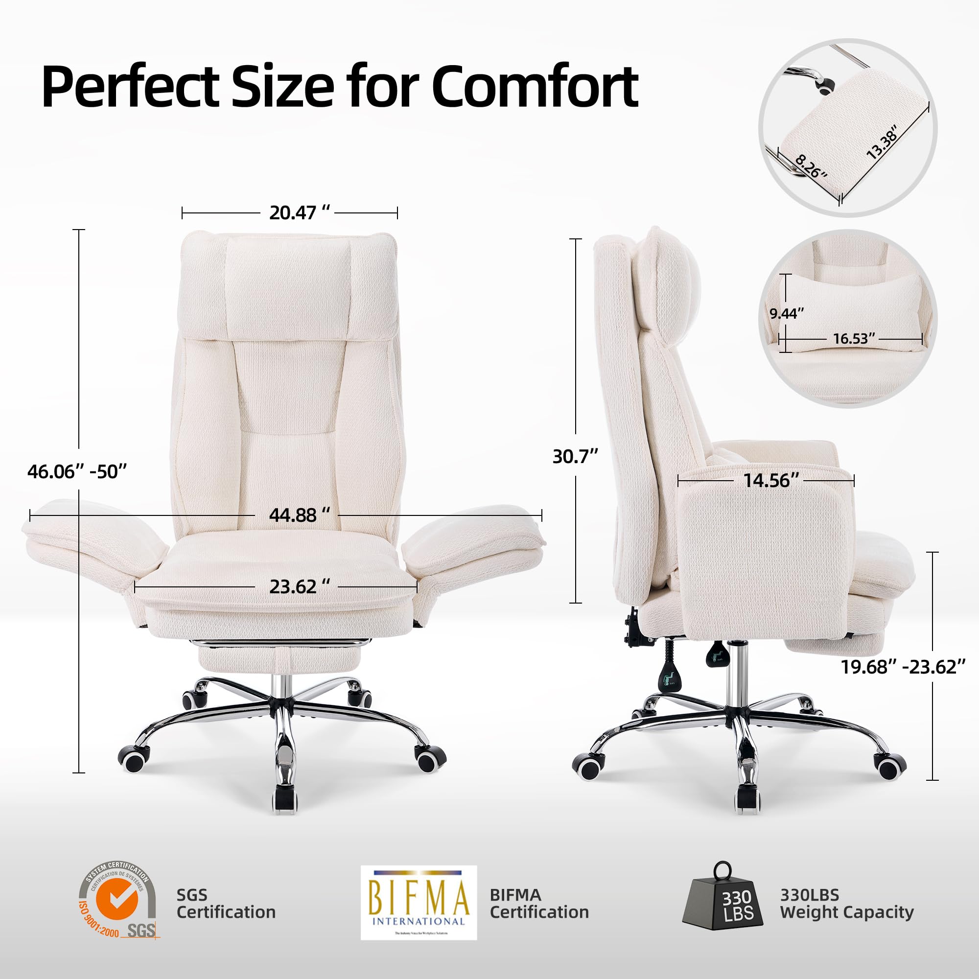 Criss Cross Office Desk Chair with Foot Rest and Flip Armrests for Pets Friendly & Extra Space, Ergonomic Reclining Gaming Computer Chair with Lumbar Pillow(Chenille Fabric Off-White)