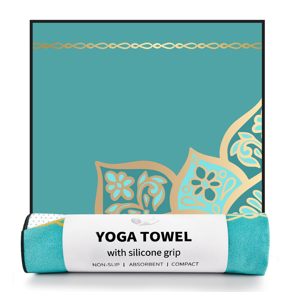 Hot Yoga Towel with Grip Dots, Non Slip, 70"x26, Turquoise Mandala