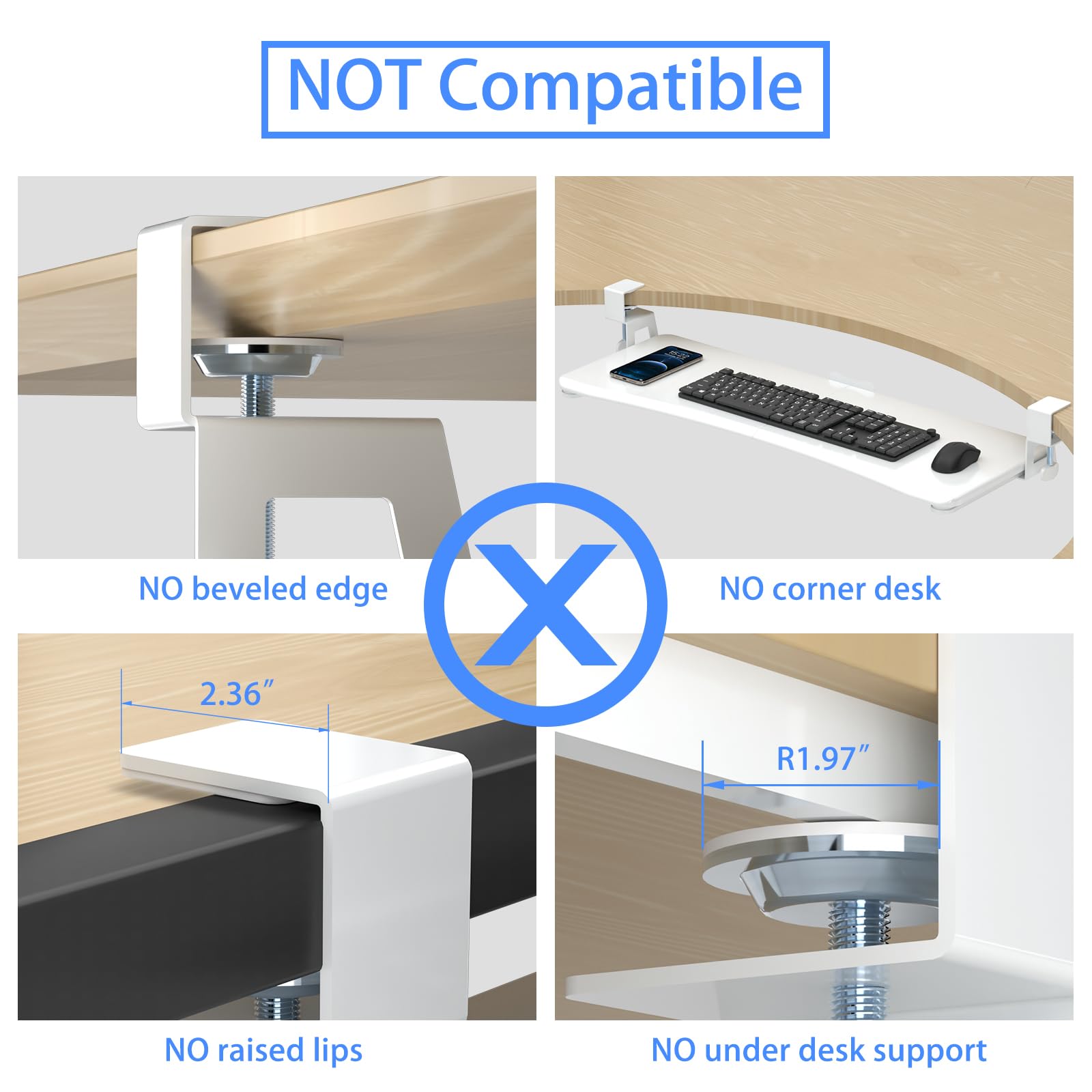 Large Keyboard Tray Under Desk Pull Out with C Clamp Mount, Computer Keyboard & Mouse Tray, 34 (38 Including Clamps) x 11.8 inch Slide-Out Platform Computer Drawer for Typing, White,