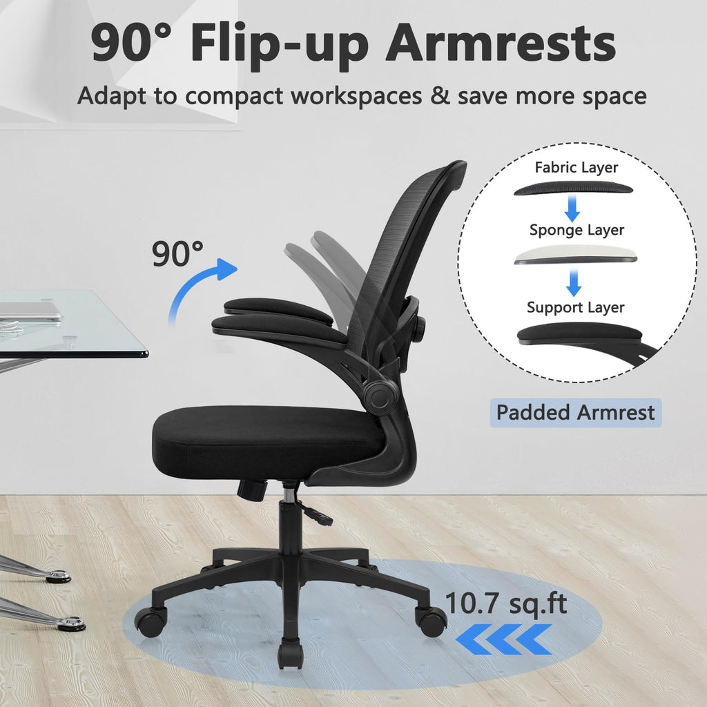 KLASIKA Home Office Desk Chair with Flip Up Armrests, Mesh Back Chair with Adjustable Height Lumbar Support, Ergonomic Computer Task Chair with Wheels for School, Conference, Black(12PK)
