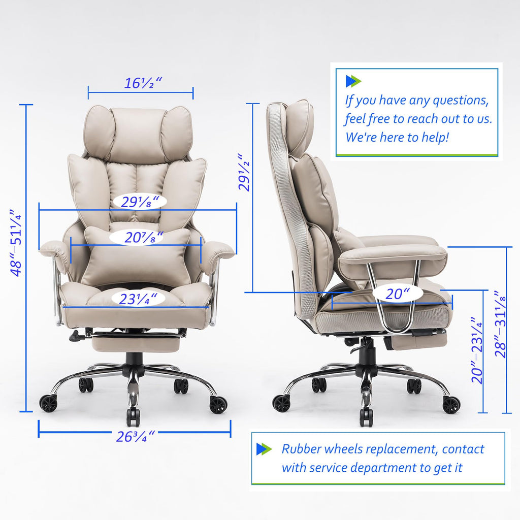 Big and Tall Office Chair 400lbs – PU Leather Executive Office Chair with Lumbar Support & Leg Rest, Heavy-Duty Computer Chair for Home Office, Grey