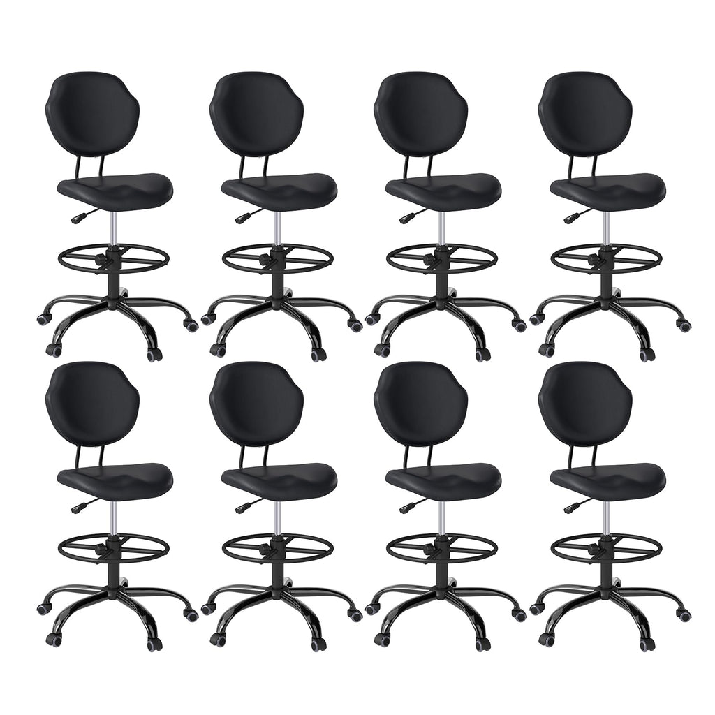 (Black, 8 Pack), Drafting Chair with Back Support, Tall/High Desk Rolling Stool, Faux Leather Office Chair with Height Adjustable for Standing Desk, Home Office, Bar, Workbench & Kitchen