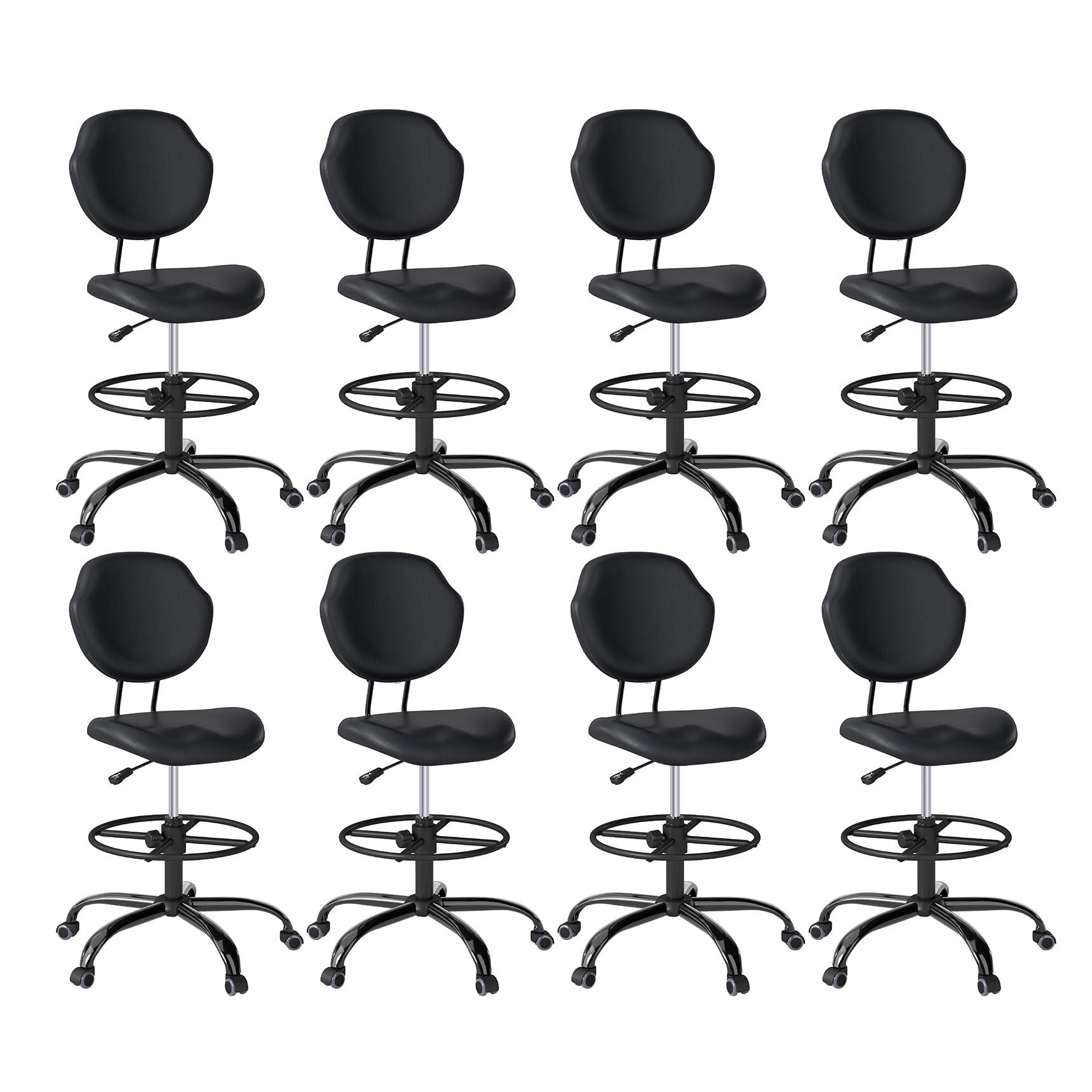 (Black, 8 Pack), Drafting Chair with Back Support, Tall/High Desk Rolling Stool, Faux Leather Office Chair with Height Adjustable for Standing Desk, Home Office, Bar, Workbench & Kitchen