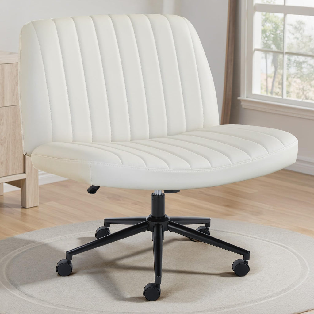 Criss Cross Chair with Wheels Wide Cross Legged Office Desk Vanity Chair Comfy Fabric Armless Adjustable Swivel for Home Computer Task PU Beige