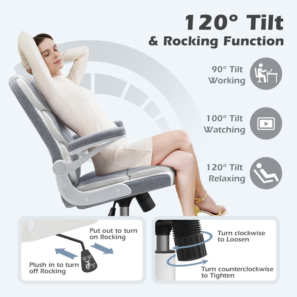Home Office Desk Chairs Grey Linen Fabric Executive Office Chair with Wheels and Arms Comfortable Ergonomic Desk Chair for Adults and Teens