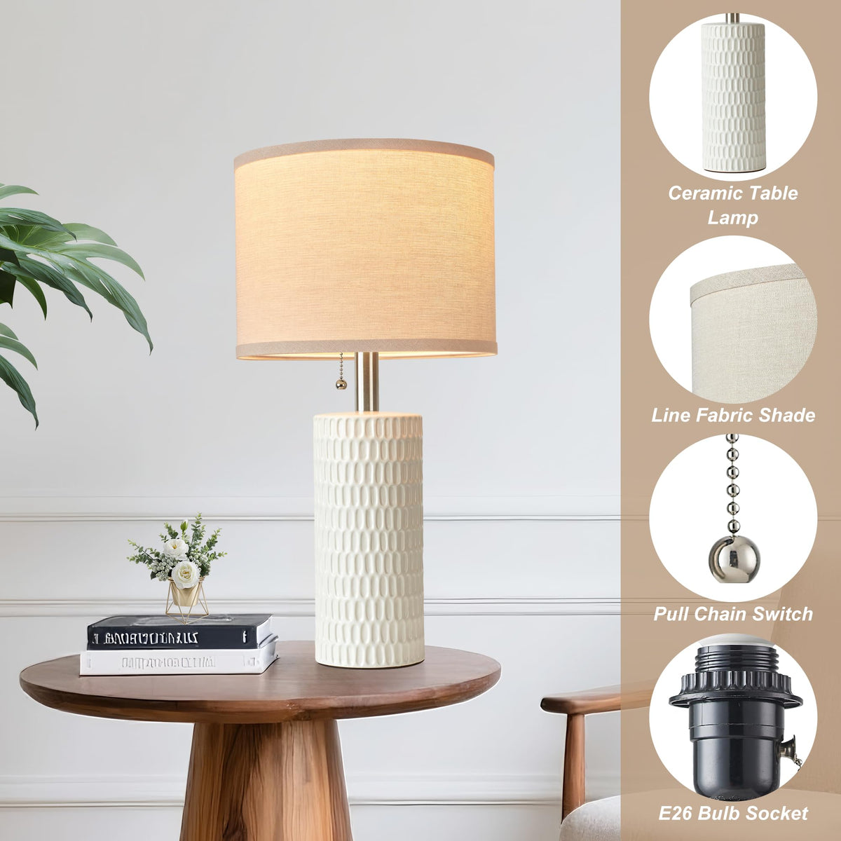 20.5" Modern Ceramic Table Lamps for Bedroom Set of 2, Bedside Lamps for Night Stands with Beige Lampshade, Farmhouse Table Lamp for Living Room Office Dorm, White