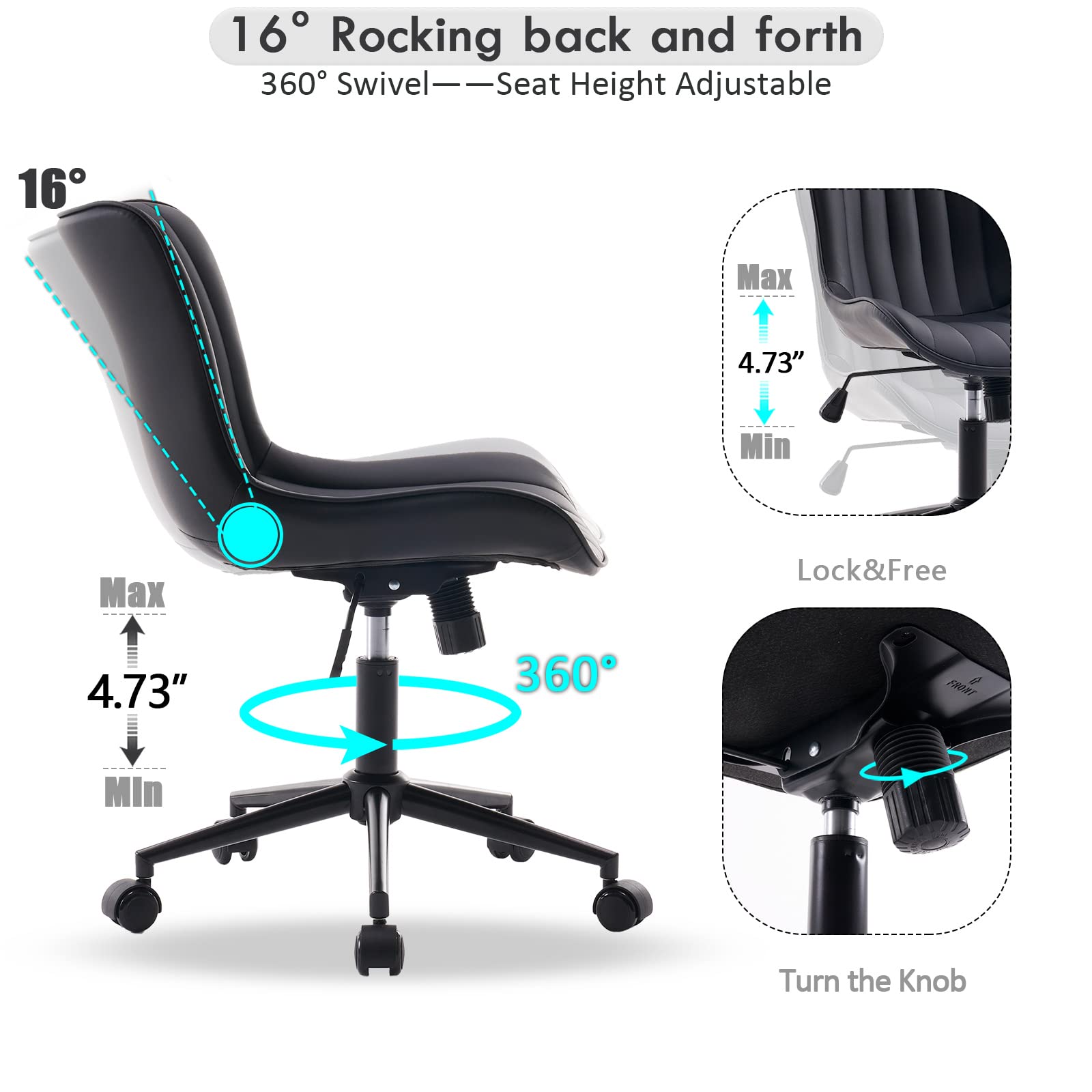 Black Office Desk Chair with Wheels Comfy Armless Small Vanity Chair with Adjustable Rocking Back Modern Leather Upholstered Rolling Task Computer Chair Swivel Drafting Chair Compact
