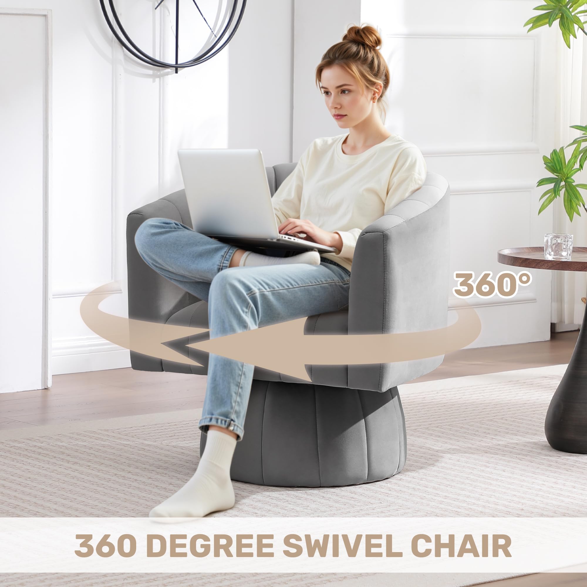 Swivel Accent Barrel Chair Set of 2, Cute Comfy Small Round 360° Arm Chair, Velvet Sofa Club Reading Chair for Office Living Room Bedroom Grey