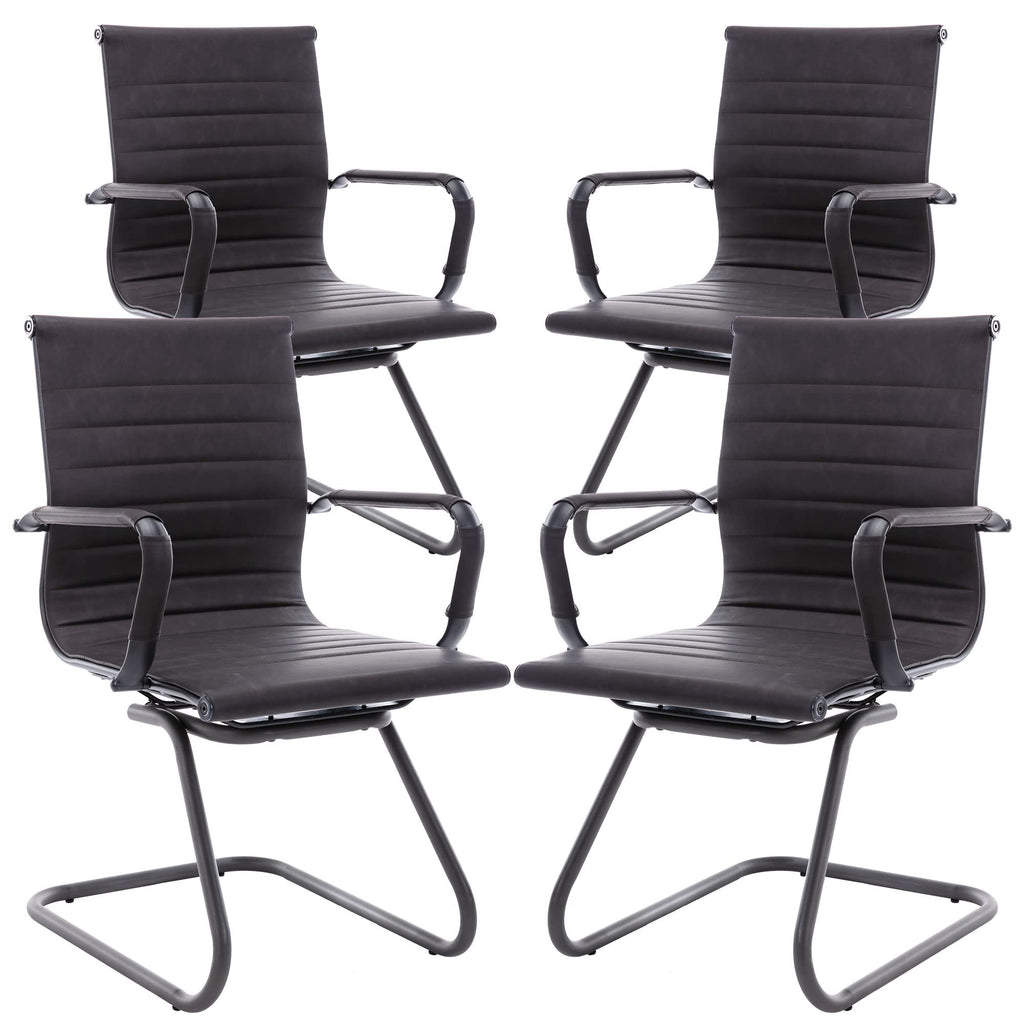 Office Desk Chair No Wheels Set of 4 PU Leather Computer Chairs Mid Back Guest Chairs for School Reception Conference Waiting Room, Vintage Charcoal