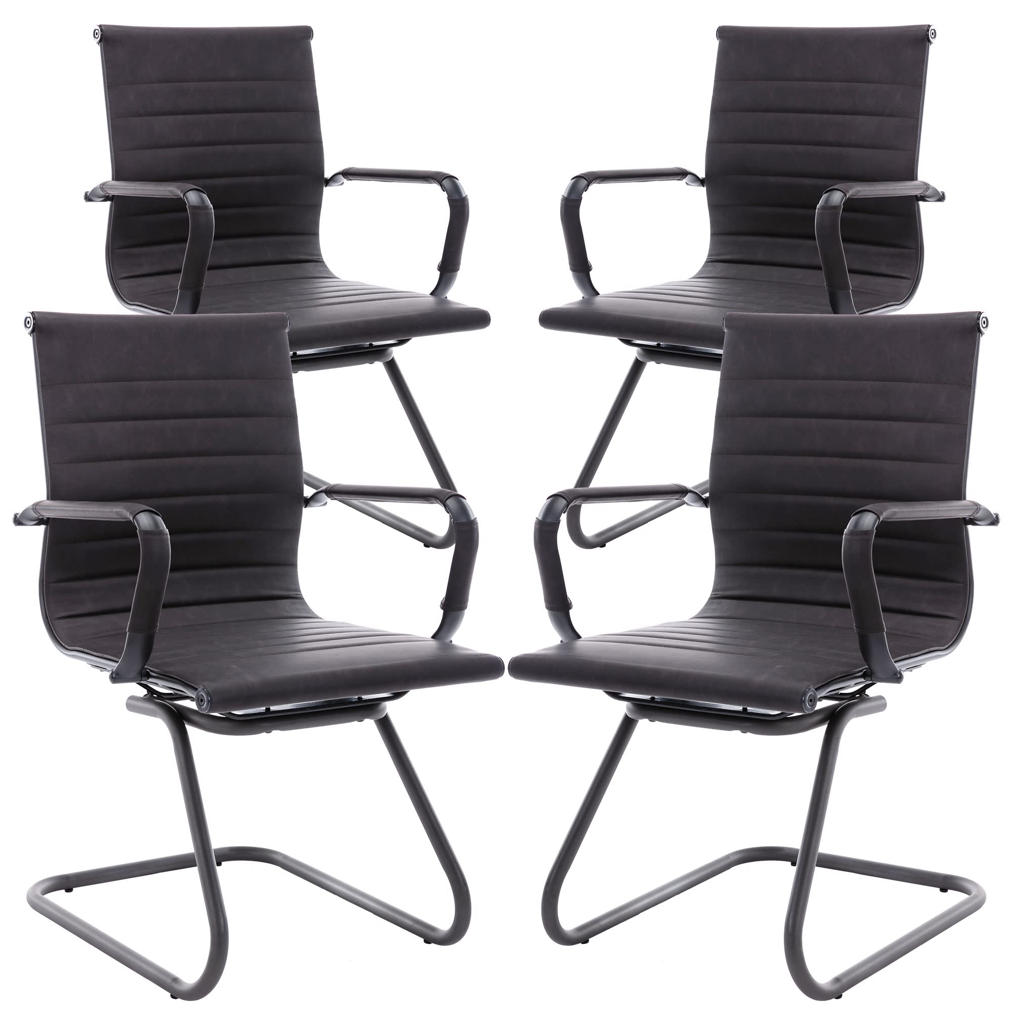 Office Desk Chair No Wheels Set of 4 PU Leather Computer Chairs Mid Back Guest Chairs for School Reception Conference Waiting Room, Vintage Charcoal