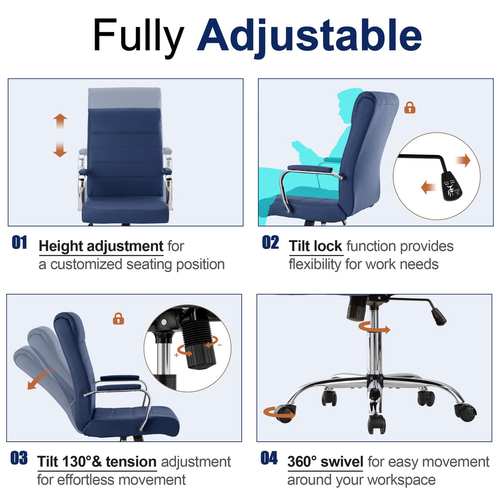 Modern Office Desk Chair, Conference Room Chairs, High Back Ergonomic Home ofiice Chair, Adjustable Height Swivel Executive Computer Chair with Armrest and Padded Seat (Blue)
