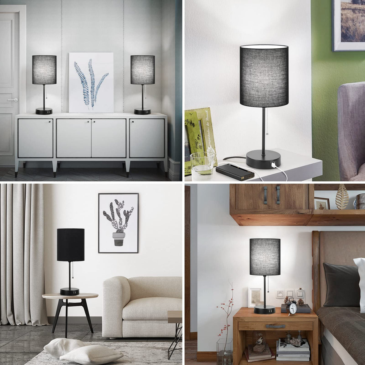 Bedside Table Lamps Set of 2 with USB Charging Ports and AC Outlet, Black