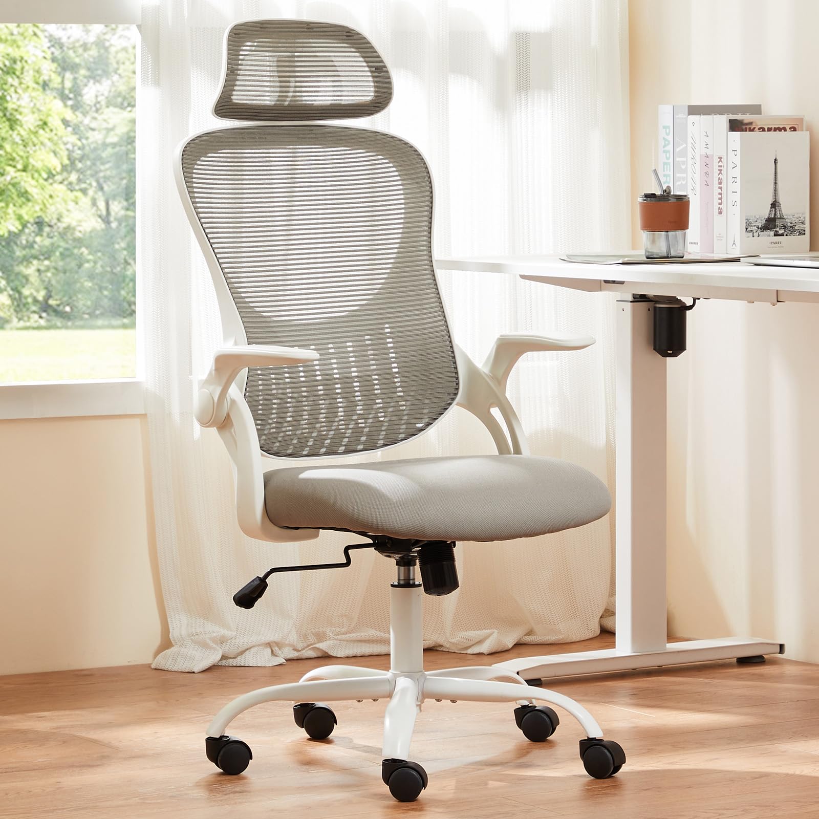 Home Office Managerial Executive Chair, High-Back Mesh with Adjustable Headrest, Flip-up Armrest Comfortable Lumbar Support, Comfy Arms for Bedroom,Study,Student