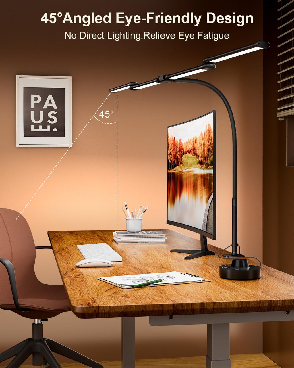 Desk Lamp Clamp Light 24W, Ultra Wide 4 Head Bars, 5 Color Modes Dimming, Multi-Screen Setup for Office, Architect, Black, Aluminum, Adapter Included