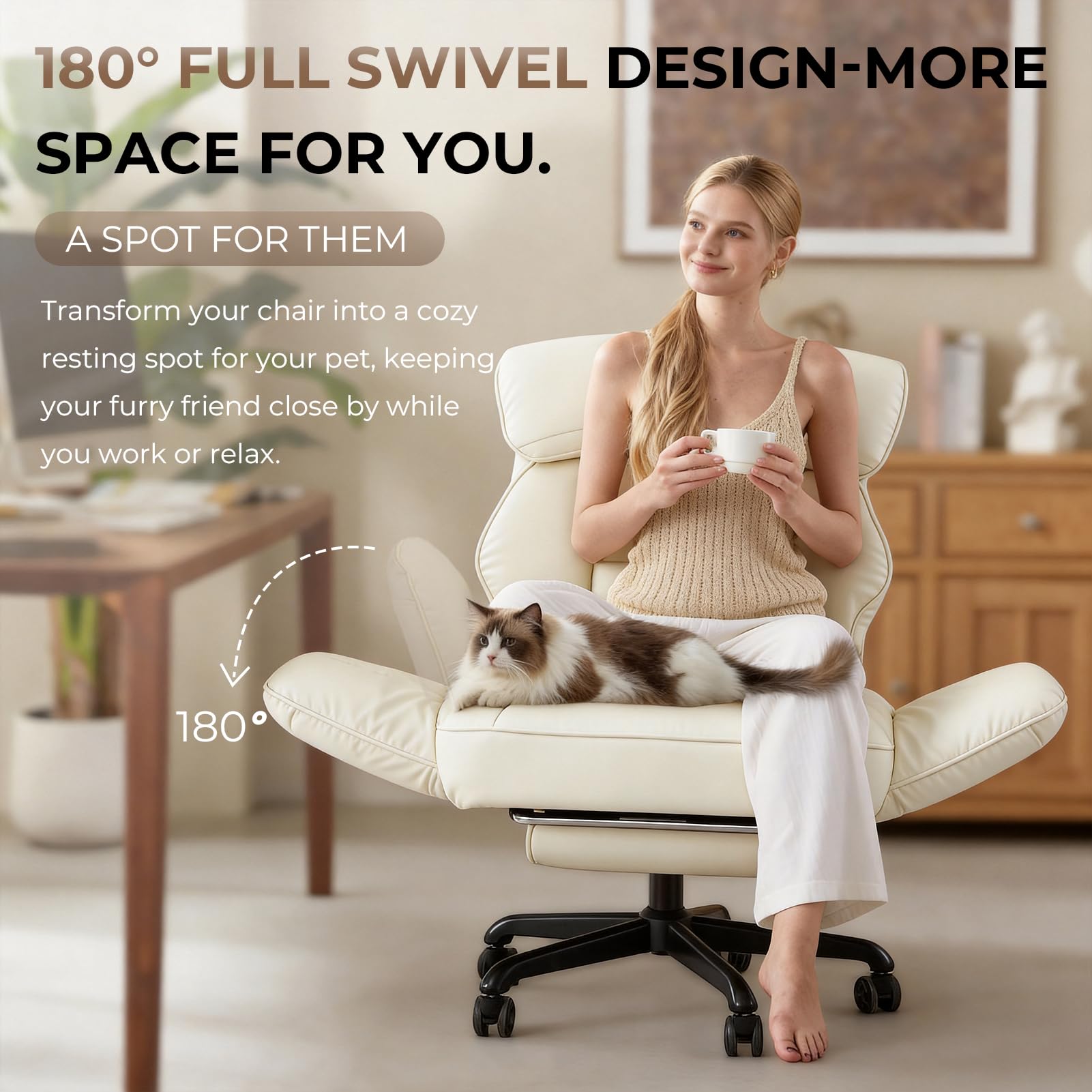 Cross Legged Office Chair with Pivoting Armrests,Criss Cross Chair with Pocket Spring Seat & Back,Reclining Computer Gaming Chair with Footrest and Metal Base (Cream)