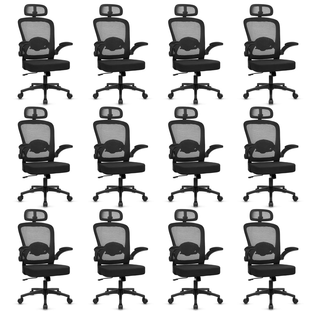 KLASIKA Home Office Desk Chair with Flip Up Armrests, Mesh Back Chair with Adjustable Height Lumbar Support and Headrest, Ergonomic Computer Task Chair for School, Conference, Black(12PK)