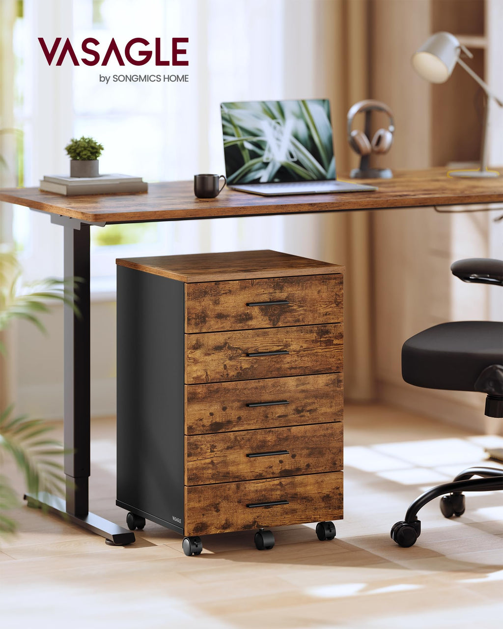 File Cabinet, Mobile Pedestal Filing Cabinet with Wheels, Printer Stand with 5 Drawers, Tool-Free Sliding Rails, for Study, Home Office, Rustic Brown
