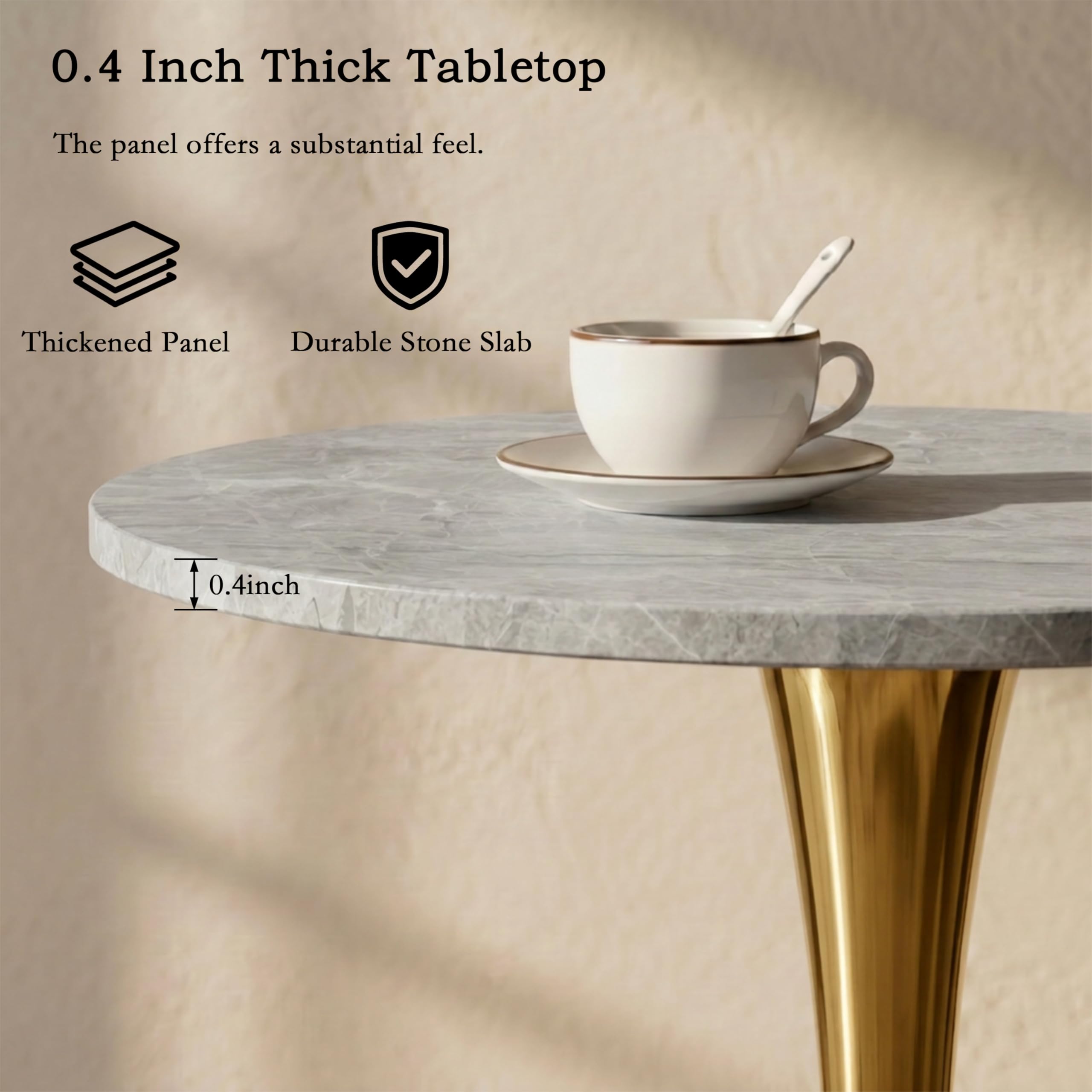 Sybrioka 27.6" Marble Round Tulip Table, Mid-Century Modern Style Dining Table with Gold Pedestal Base for 2-4 People, Featuring A Marble Tabletop for Kitchen, Dining Room, Cafe (Light Grey)