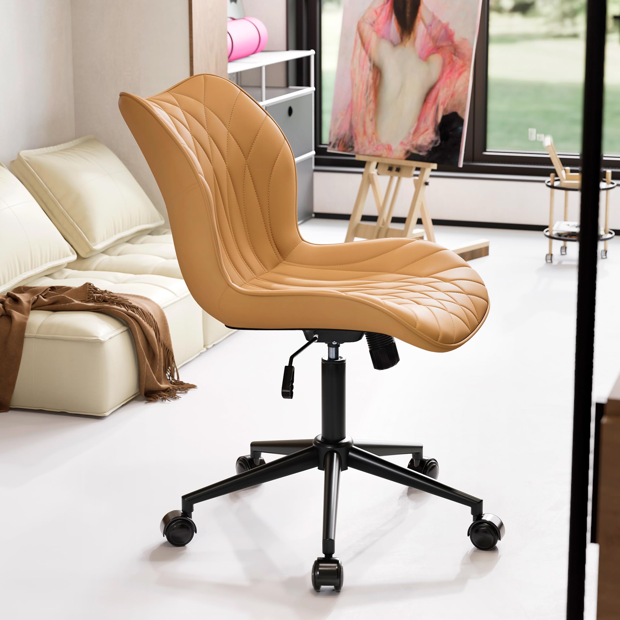Armless Desk Chair Comfy Office Chair with Wheels Home Ergonomic Task Chair Adjustable Computer Chairs Modern Faux Leather Swivel Chair Upholstered Makeup Vanity Chair with Back(Camel)