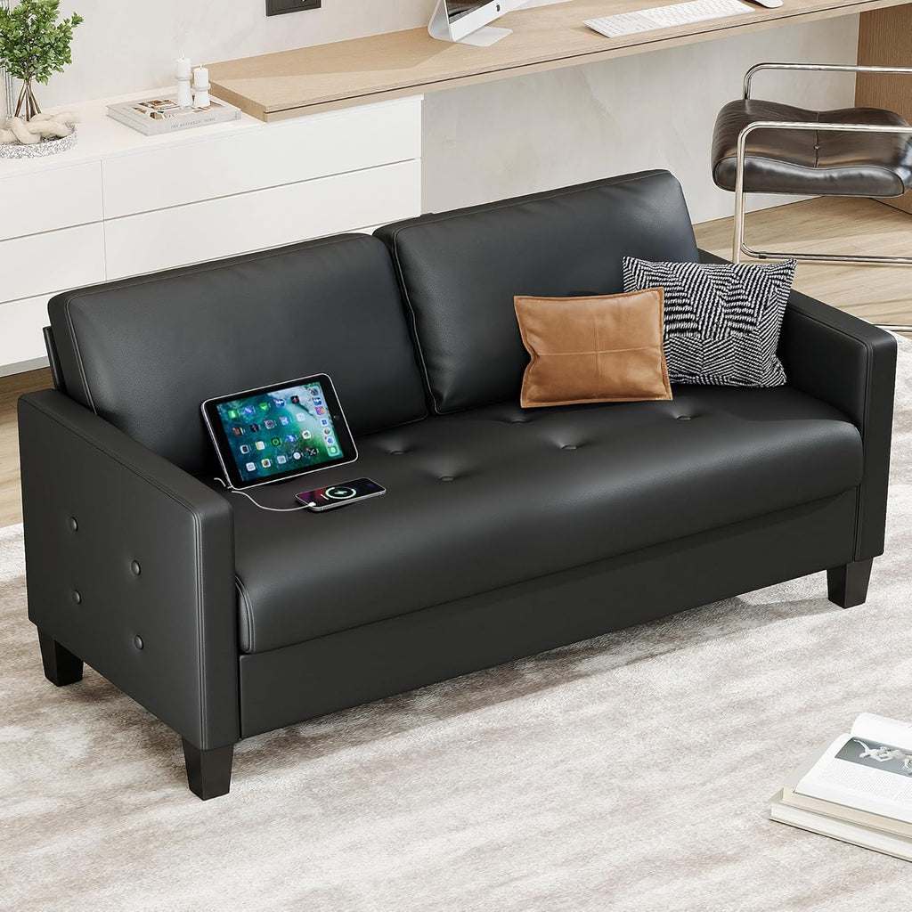 59” Black Faux Leather Sofa Couch, Modern Comfy Office 2 Seater Couch Loveseat with USB & Tufted Armrest, Small Love Seat Couches for Living Room, Bedroom, Apartment