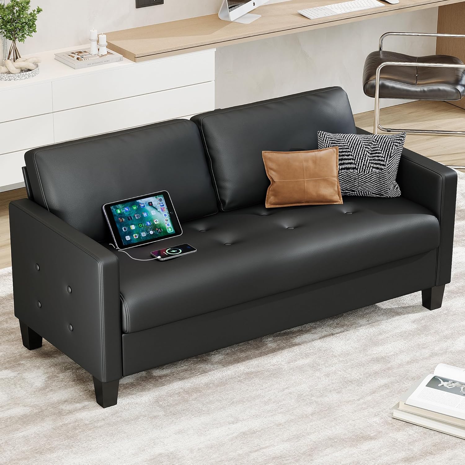 59” Black Faux Leather Sofa Couch, Modern Comfy Office 2 Seater Couch Loveseat with USB & Tufted Armrest, Small Love Seat Couches for Living Room, Bedroom, Apartment