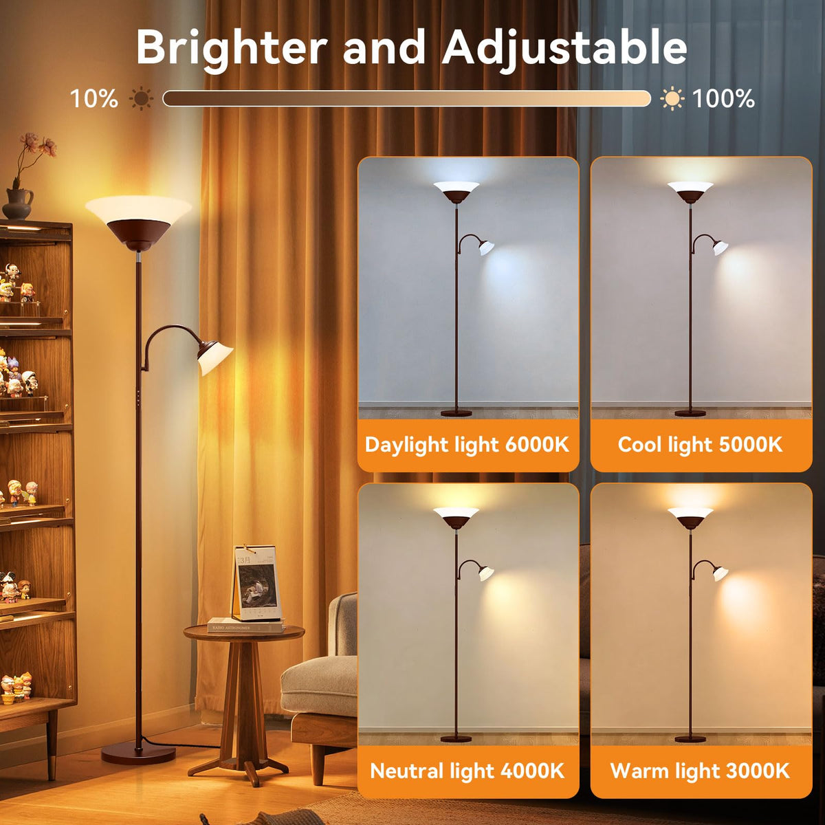 2-in-1 Torchiere Floor Lamp, 34W Super Bright LED Standing Lamp with Remote & Touch Control, 72" Dimmable Adjustable Corner Reading Lamp for Living Room, Bedroom, Office, Brown