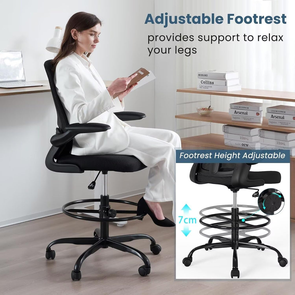 Drafting Chair Tall Standing Desk Executive Ergonomic Computer Office Chair with Flip-Up Armrests, Adjustable Footrest Ring, Lumbar Support, Height Adjustable Swivel Chair for Home Office (Black)