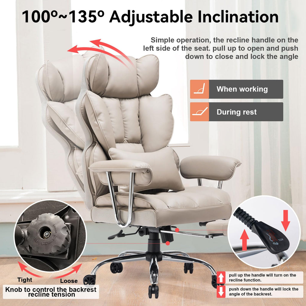Big and Tall Office Chair 400lbs – PU Leather Executive Office Chair with Lumbar Support & Leg Rest, Heavy-Duty Computer Chair for Home Office, Grey