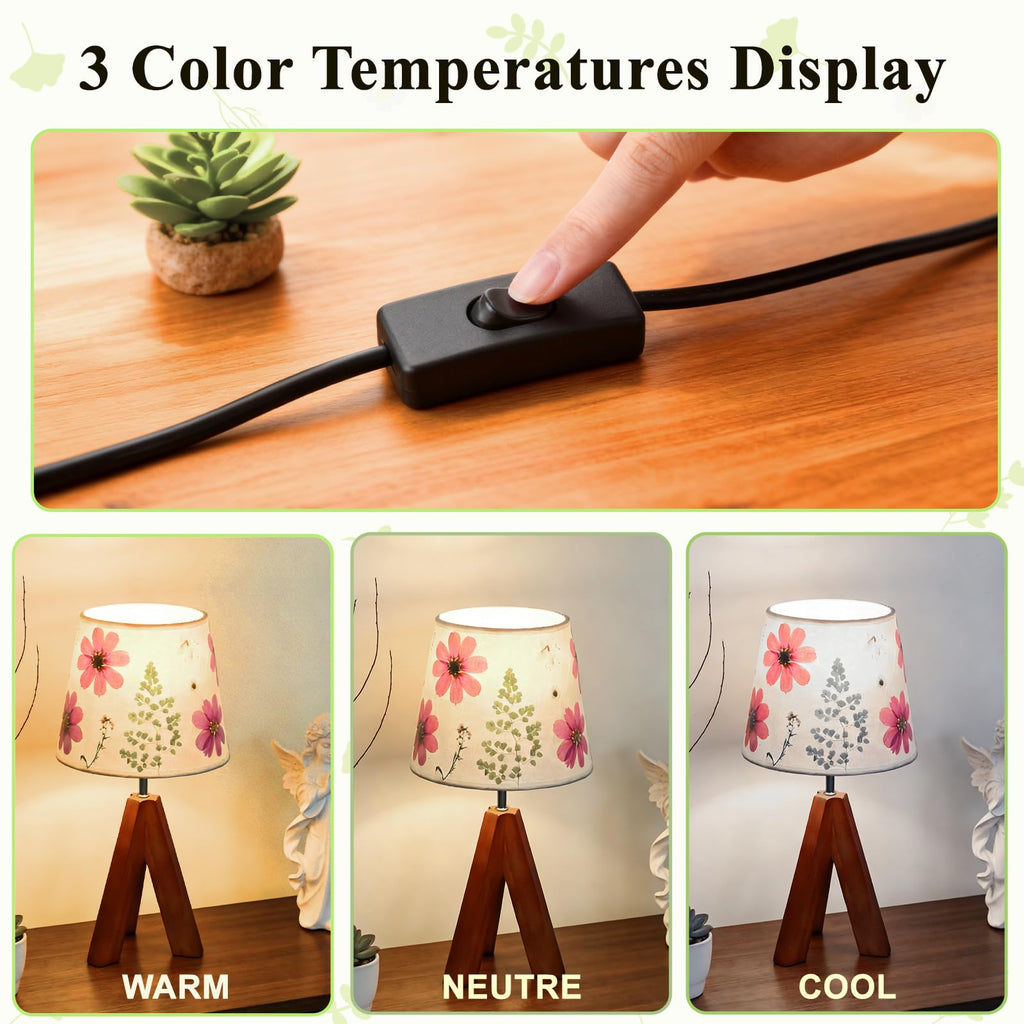Dried Flowers Tripod Table Lamp 14.17in, 9W LED 3-Color Cute Bedside Lamp with Flowers Linen Lampshade for Nursery, Bedroom, Kid Room, Living Room, Light Brown Wooden Base