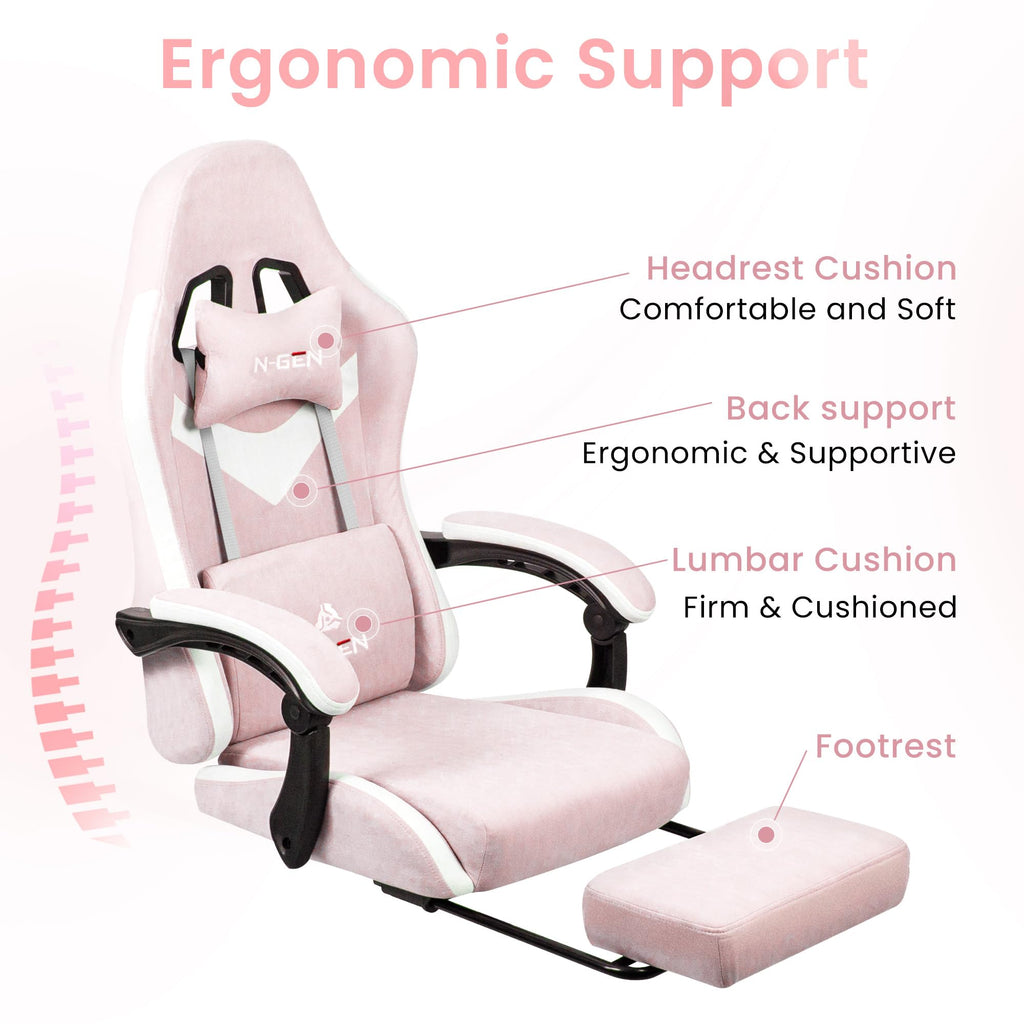 Gaming Chair with Footrest Lumbar Support for Home Office High Back Recliner Height Adjustable Ergonomic Comfy Fabric Computer Desk Chair (Pink)