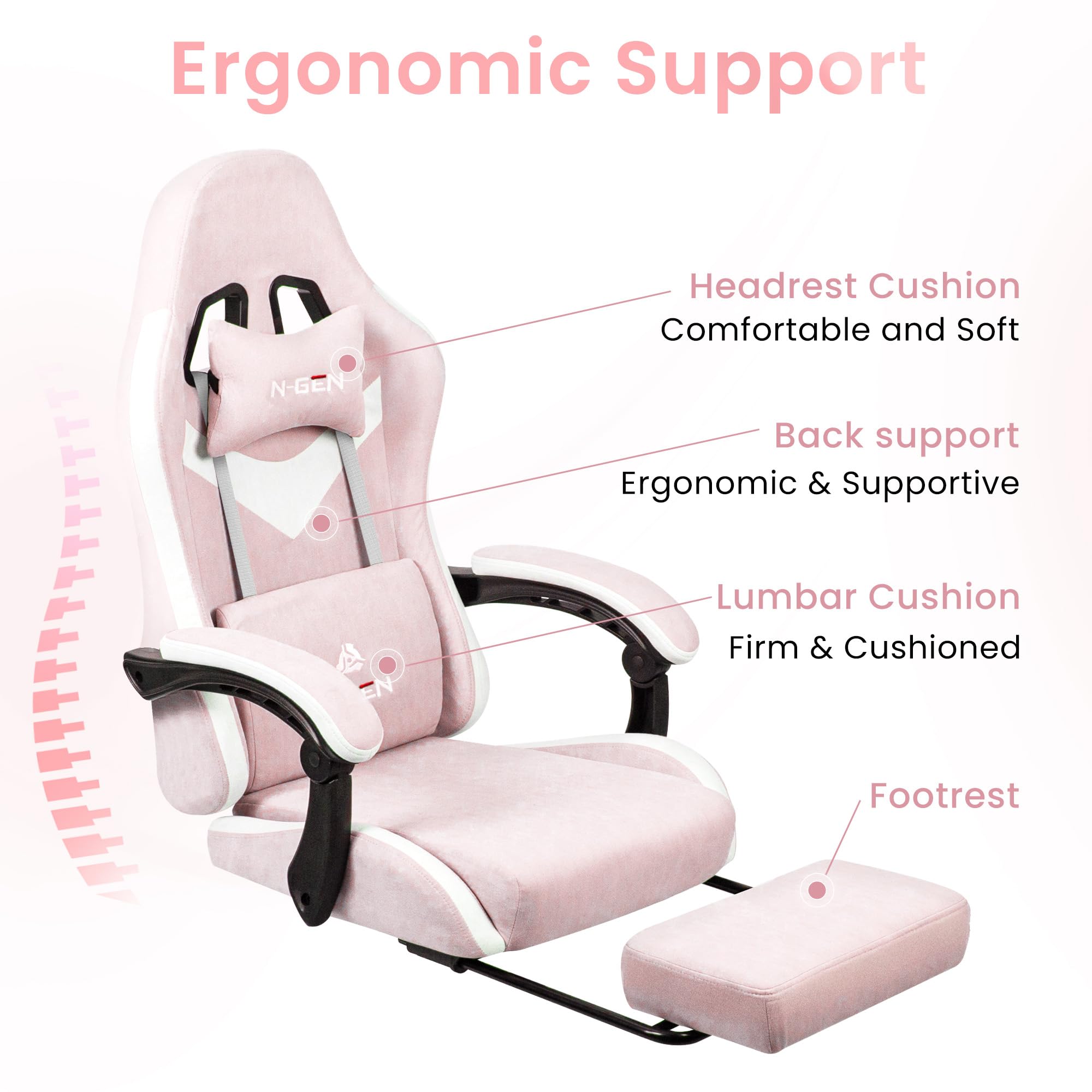 Gaming Chair with Footrest Lumbar Support for Home Office High Back Recliner Height Adjustable Ergonomic Comfy Fabric Computer Desk Chair (Pink)