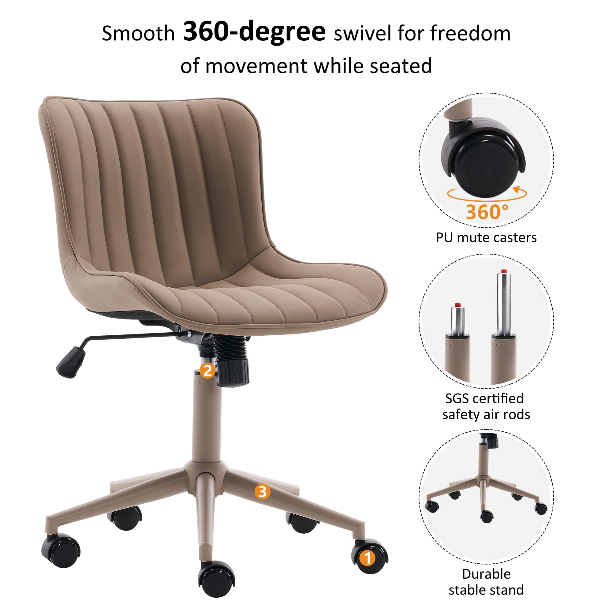 Home Office Desk Chair with Wheels Armless Vanity Chair with Back Comfy Modern Leather Upholstered Rolling Task Chair Swivel Small Cute Sewing Chair No Arms Wide Adjustable Ergonomic All Khaki