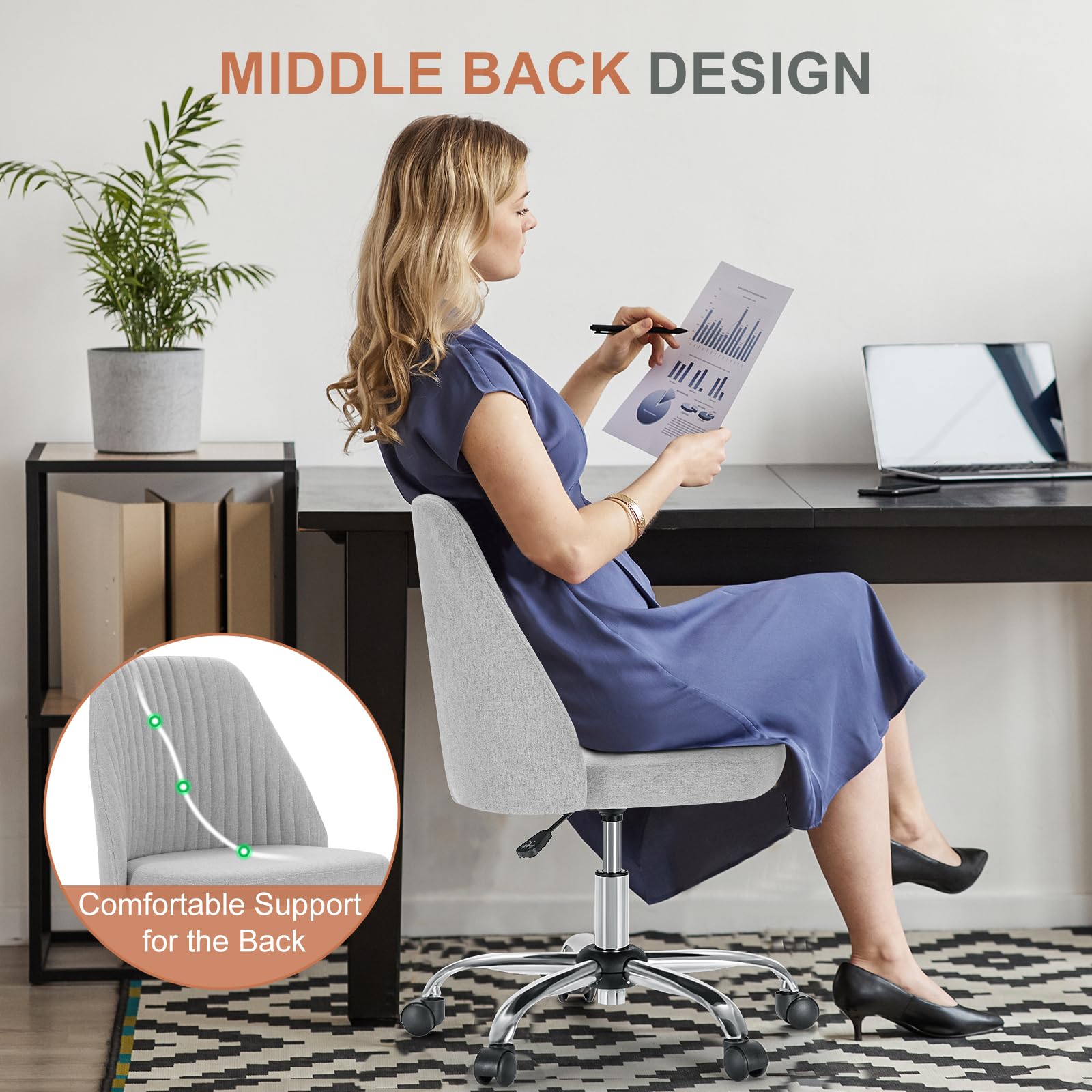 Office Chair, Comfy Desk Chair Rolling Vanity Swivel Task Chairs with Wheels, Wide Seating Armless Height Adjustable Computer Chairs for Home,Bedroom,Student,Adults, Dull Gray