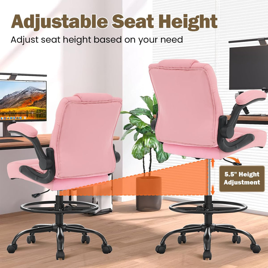 Ergonomic Drafting Chair,Tall Office Chair for Standing Desk with Flip-Up Armrests,Adjustable Foot Ring & Height, High Leather Executive Office Chair for Home,Drawing or Counter Height Use