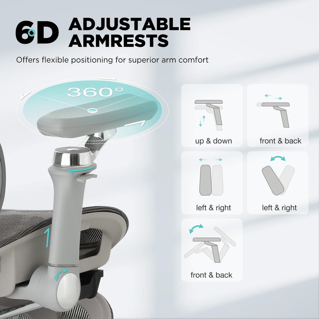 Ergonomic Mesh Office Chair with 3-Zone Dynamic Lumbar Support, Big and Tall Office Chair with Footrest, Adjustable Seat Depth,4D Headrest,6D Armrests, Swivel Executive Chair for Home Office,Grey