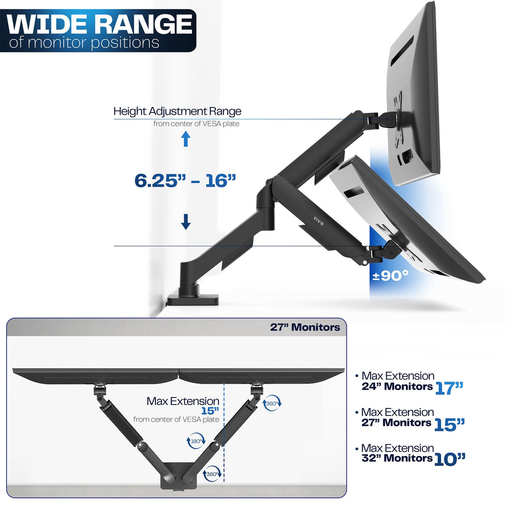 Dual Monitor Stand, Fully Adjustable Arms for 17 to 32 inch Screens, Mechanical Articulating Desk Mount, Gaming and Office Setups, VESA 75x75, 100x100, Max 19.8 lbs, Classic, Black, STAND-V002O