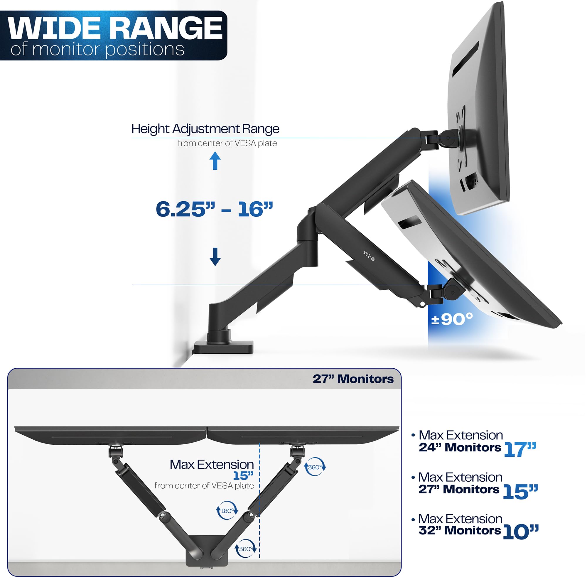 Dual Monitor Stand, Fully Adjustable Arms for 17 to 32 inch Screens, Mechanical Articulating Desk Mount, Gaming and Office Setups, VESA 75x75, 100x100, Max 19.8 lbs, Classic, Black, STAND-V002O