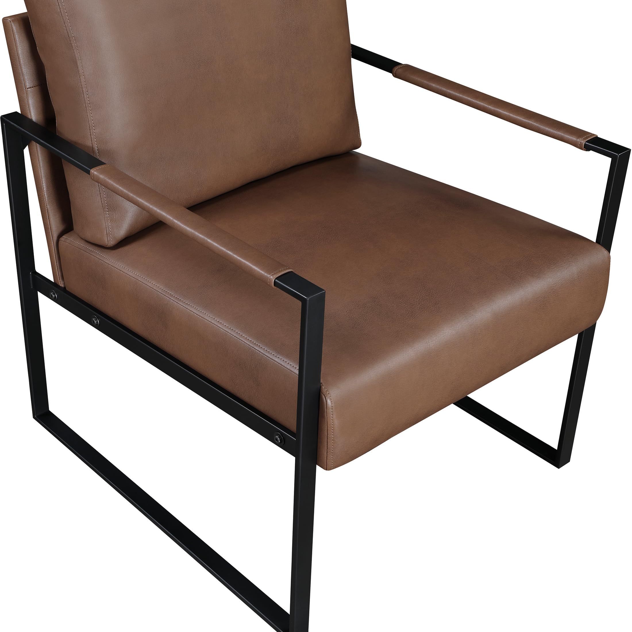 Modern Accent Chair, Faux Leather Upholstered Chair with Wrapped Armrests, Arm Chair with Black Metal Frame, Comfy Single Chair for Living Room/Bedroom/Reading Room/Office, Brown